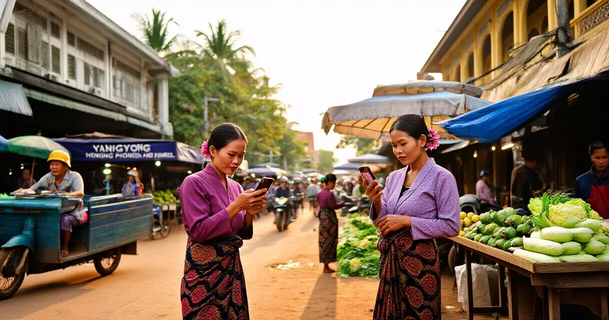 ရန်ကုန် လမ်းဘေး ဈေးသည်များ smartphone ဖြင့် social media တင်နေသည့် မြင်ကွင်း