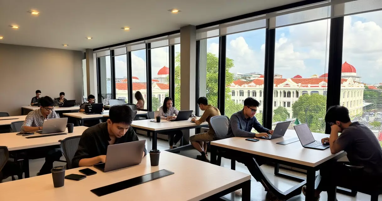 ရန်ကုန်မြို့လယ်ရှိ co-working space တွင် startup လုပ်ငန်းရှင်ငယ်များ အလုပ်လုပ်နေပုံ