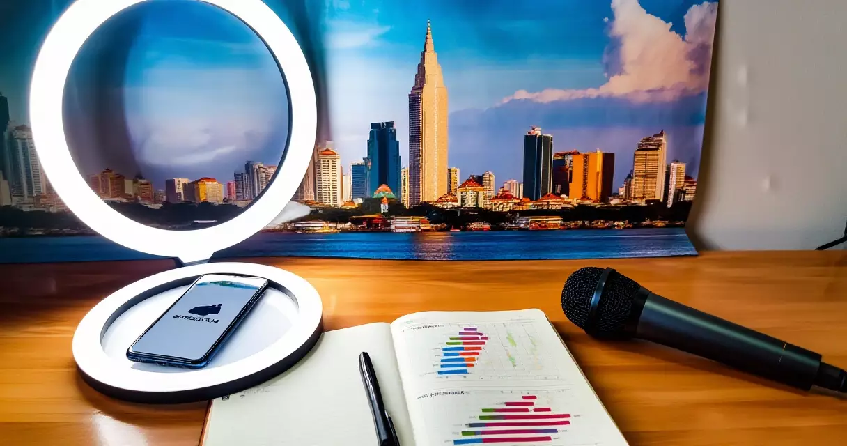 Content creator ကိရိယာများ — ဖုန်း၊ microphone၊ ring light နှင့် analytics ဇယား