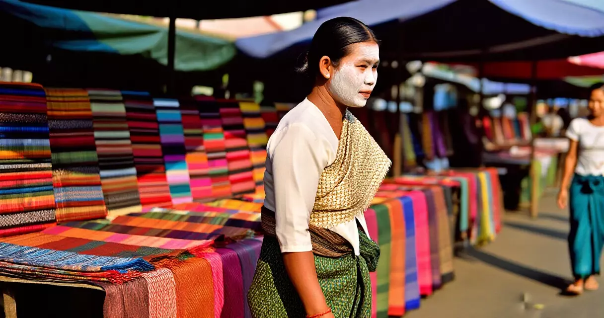 မြန်မာ အမျိုးသမီး လုံချည်ဝတ်ဆင်ပြီး သနပ်ခါးသုတ်ကာ ရန်ကုန်ဈေးတွင် ရပ်နေသောပုံ