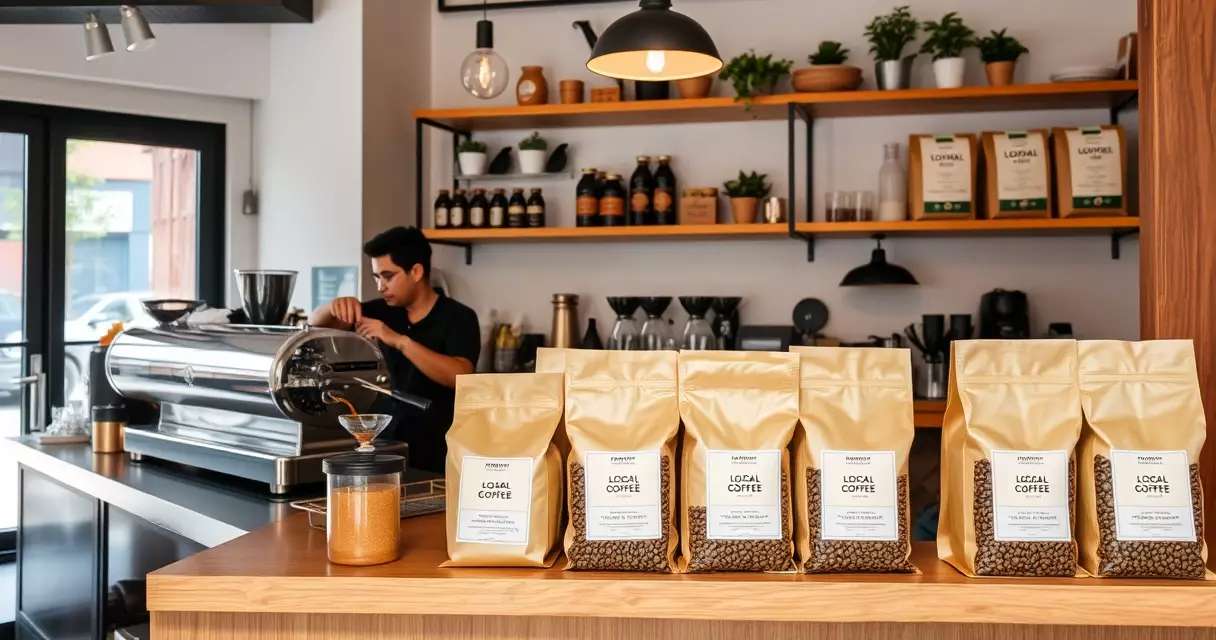 Union Coffee ရန်ကုန်ဆိုင်အတွင်း ပြည်တွင်းထွက် ကော်ဖီစေ့များနှင့် barista တစ်ဦး