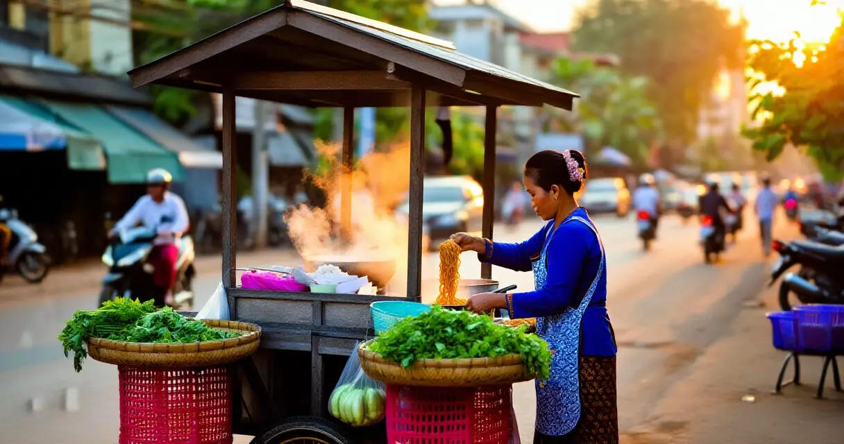 ရန်ကုန် လမ်းဘေးစားသောက်ဆိုင်မှ အမျိုးသမီးတစ်ဦး မုန့်ဟင်းခါးချက်နေပုံ