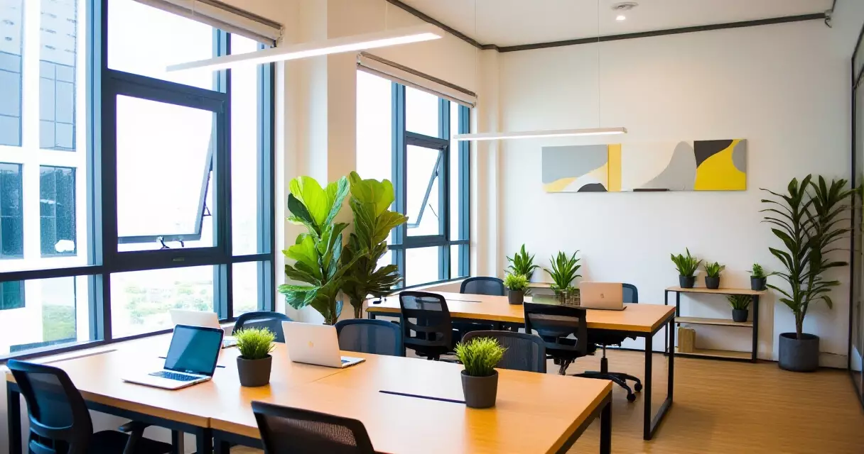 ရန်ကုန်ရှိ ခေတ်မီ co-working space အတွင်းပိုင်း မျှဝေသုံးစားပွဲများ