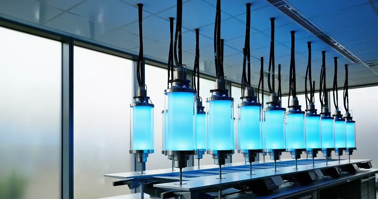 Quantum computing laboratory with cooling chambers and metallic hardware in clean room setting