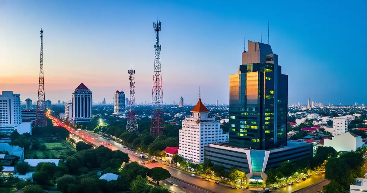 ရန်ကုန်မြို့လယ် ည နေဝင်ချိန် တယ်လီကွန်း တာဝါတိုင်များနှင့် ရုံးအဆောက်အအုံများ မြင်ကွင်း