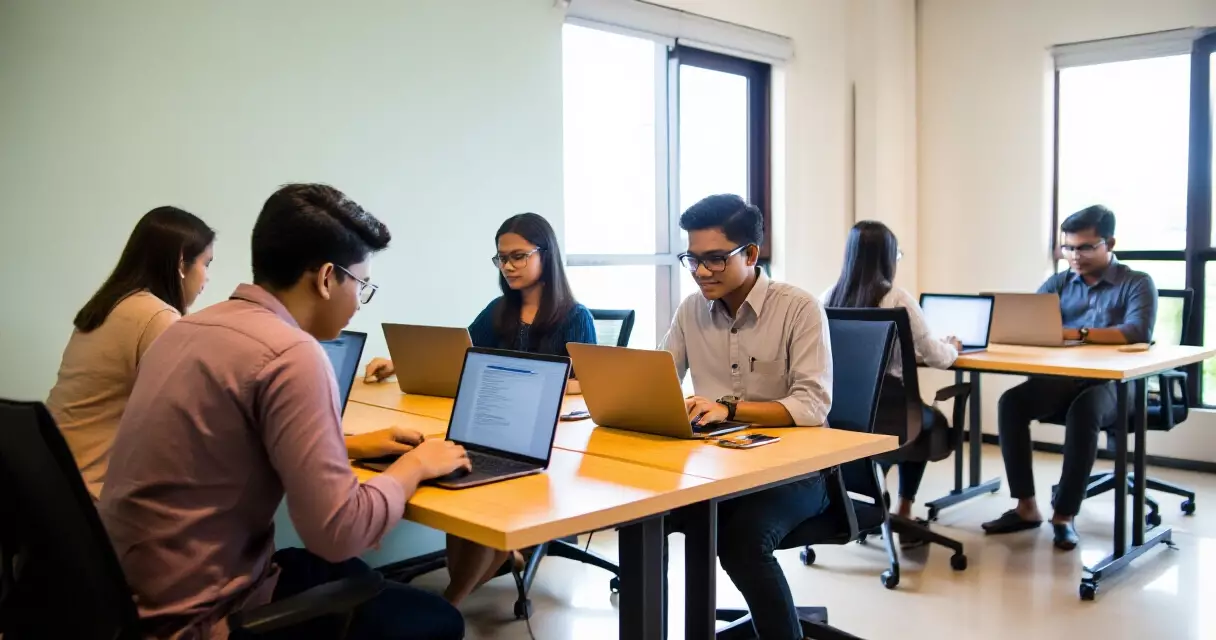 ရန်ကုန်ရှိ ခေတ်မီ co-working space အတွင်းပိုင်း လုပ်ငန်းရှင်ငယ်များ စားပွဲတွင် အလုပ်လုပ်နေပုံ