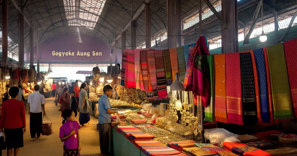 ဗိုလ်တထောင် စျေးကြီး အတွင်းပိုင်း — ရတနာ၊ longyi နှင့် လက်မှုပစ္စည်းများ ရောင်းချနေသောဆိုင်များ