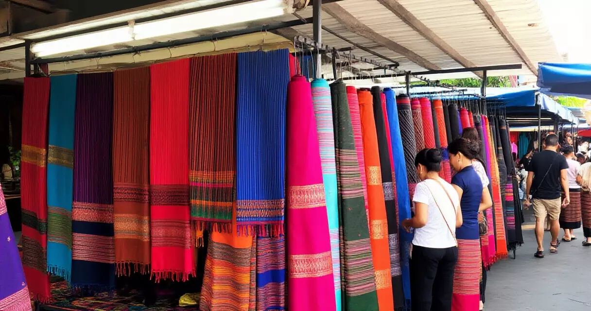 ရန်ကုန်မြို့ရှိ အဝတ်အထည်ဈေးတန်းတွင် ရိုးရာရက်ကန်းထည်များ ခင်းကျင်းရောင်းချနေပုံ