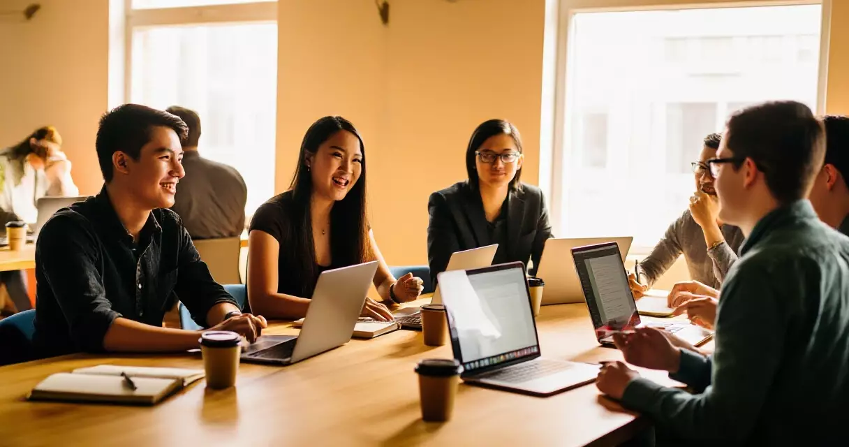 Startup အဖွဲ့ငယ်တစ်ခု co-working space တွင် laptop ဖြင့် ပူးပေါင်းလုပ်ဆောင်နေပုံ