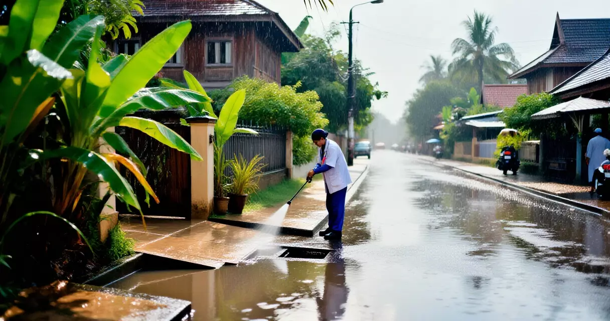 ရန်ကုန်မြို့ မိုးရာသီတွင် ခြင်ဆေးဖျန်းနေသော ကျန်းမာရေးဝန်ထမ်း