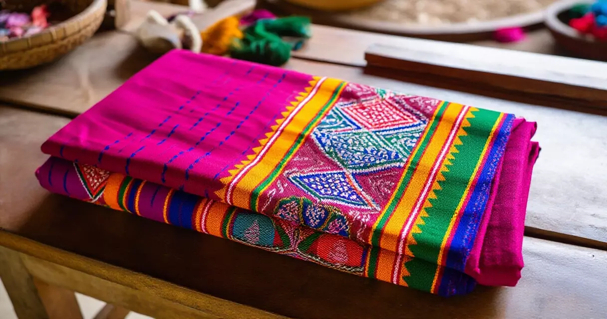 မြန်မာ့ ရိုးရာ အချိတ်ထည် လက်ရာကို အလုပ်ရုံ စားပွဲပေါ်တွင် ထားရှိပုံ