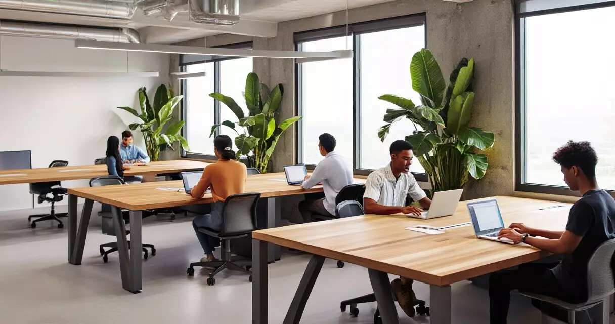 ရန်ကုန် coworking space interior — startup team working at shared desks