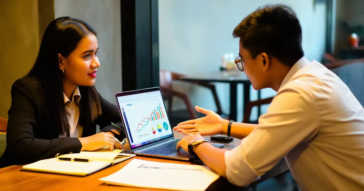 မြန်မာ စွန့်ဦးတီထွင်သူ နှစ်ဦး ကဖေးတွင် laptop ဖြင့် လုပ်ငန်းအစီအစဉ် ဆွေးနွေးနေပုံ