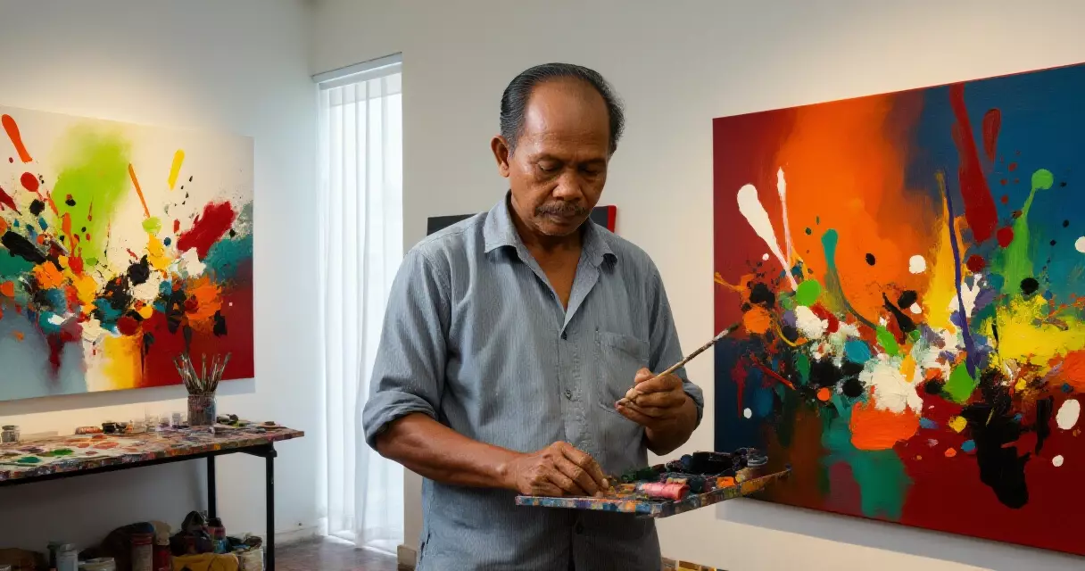 ရန်ကုန်မြို့ ခေတ်မီ အနုပညာ တိုက်ခန်းတွင် မြန်မာ အနုပညာရှင် ပန်းချီ ဆွဲနေပုံ