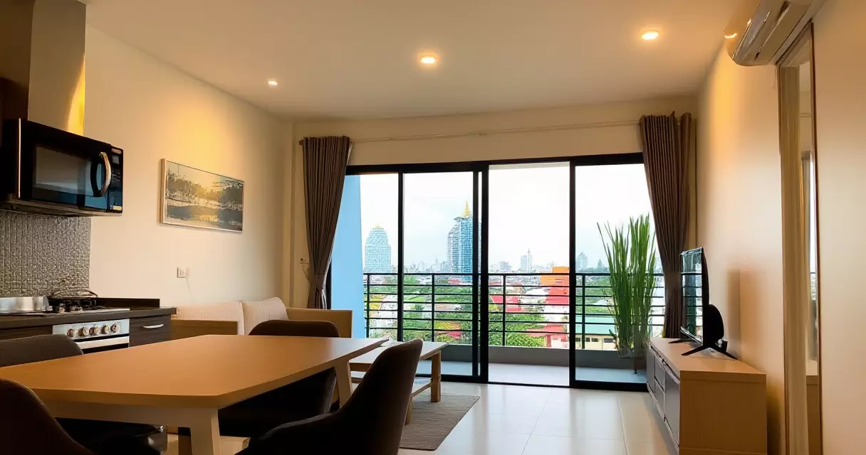 ရန်ကုန်မြို့ Airbnb apartment အတွင်းပိုင်း မည်ဒယ်နှင့် ပြတင်းပေါက်မှ မြင်ကွင်း