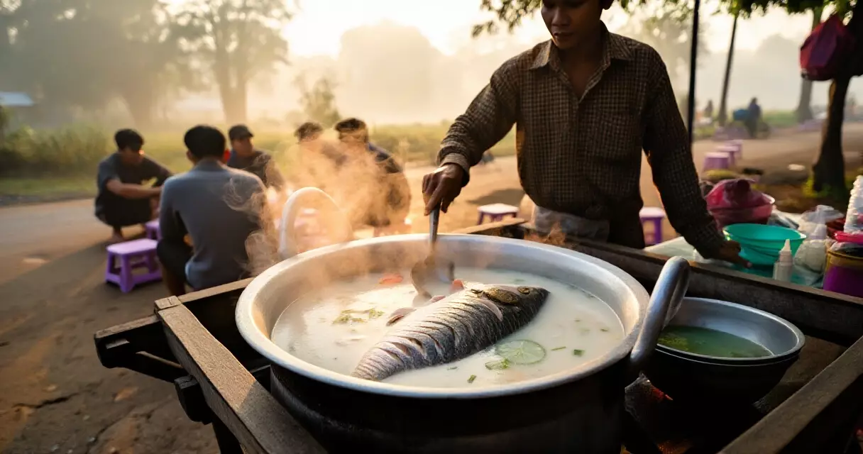 ရန်ကုန် မနက်ခင်း မုန့်ဟင်းခါးလှည်းတန်းဆိုင် — ရိုးရာပုံးကြီးနှင့် ဆိုင်ရှင်