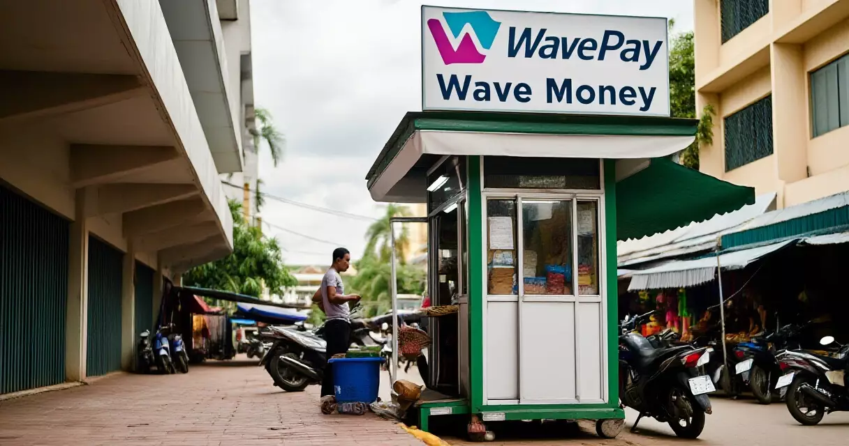 ရန်ကုန်မြို့ Wave Money WavePay agent ဆိုင်တစ်ခု မြို့ပြ ဈေးတန်းတွင်