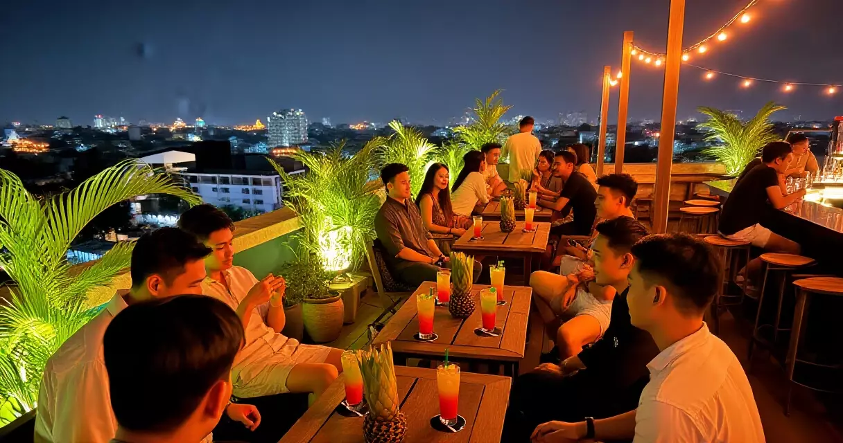 ရန်ကုန်မြို့ ညဘက် rooftop bar ၌ လူငယ်များ ပွဲသဘင်ဆင်နှွဲနေသောမြင်ကွင်း