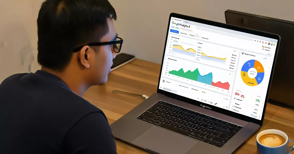 ရန်ကုန် Digital Marketer တစ်ဦး Google Analytics 4 dashboard ကို ကြည့်ရှုနေသည့် မြင်ကွင်း