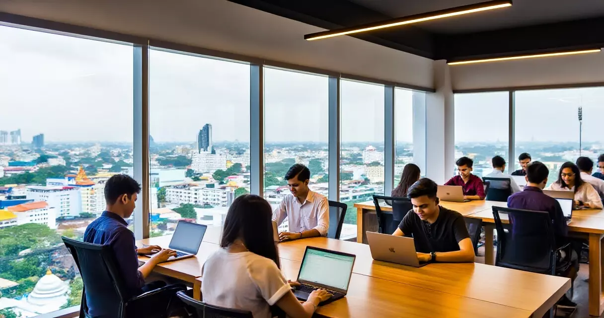 ရန်ကုန်မြို့လယ်ရှိ ခေတ်မီ co-working နေရာတွင် အလုပ်လုပ်နေသော Startup လုပ်ငန်းရှင်ငယ်များ