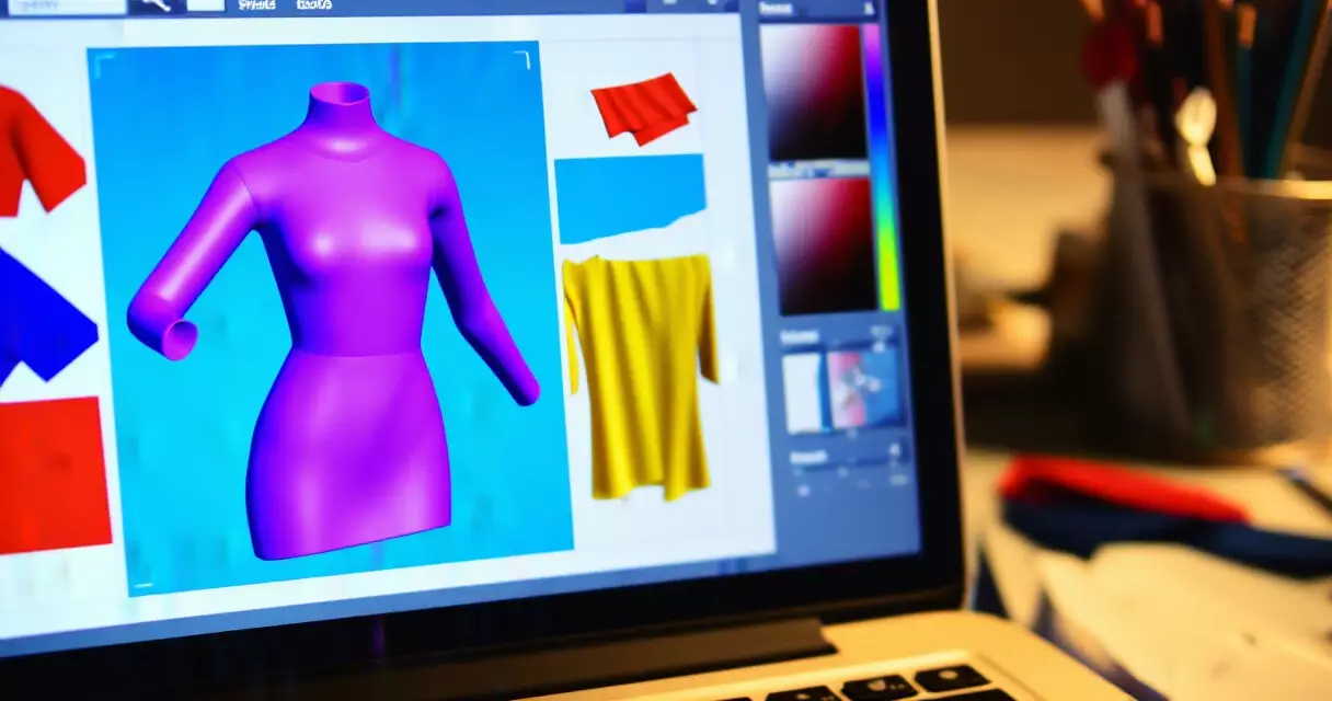 3D ဖက်ရှင် software တွင် pattern နှင့် fabric texture များ ပြသနေသော laptop မျက်နှာပြင်