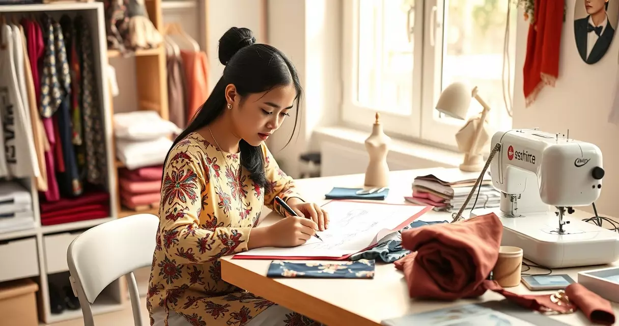 မြန်မာဖက်ရှင်ဒီဇိုင်နာ တစ်ဦး စတူဒီယိုတွင် ဒီဇိုင်းပုံကြမ်းဆွဲနေပုံ