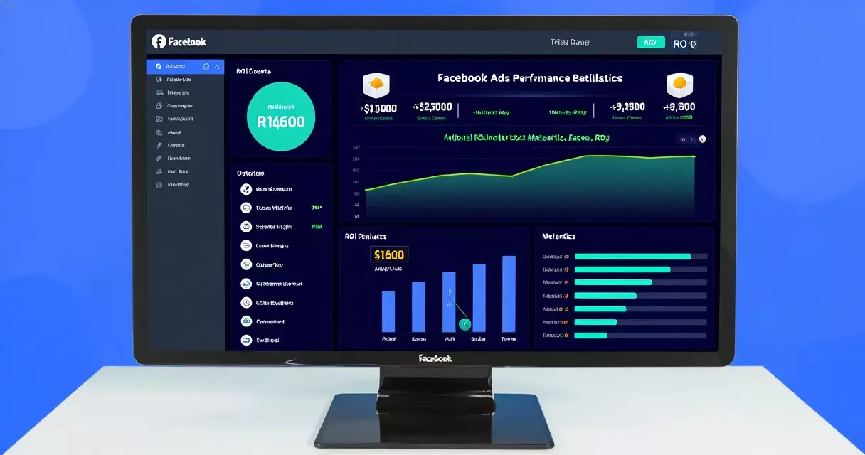 Facebook Ads ROI metrics dashboard ဖော်ပြနေသော ကွန်ပျူတာ မျက်နှာပြင်