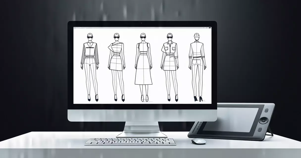 Adobe Illustrator ဖြင့် ဖက်ရှင် technical flat ပုံကြမ်း ဆွဲနေသော ကွန်ပျူတာ မျက်နှာပြင်