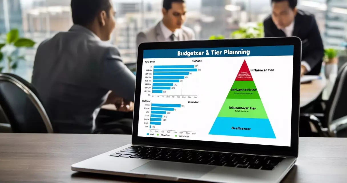မြန်မာ Influencer marketing budget ခွဲဝေမှု ဇယားကွက် laptop တွင်ပြသနေပုံ