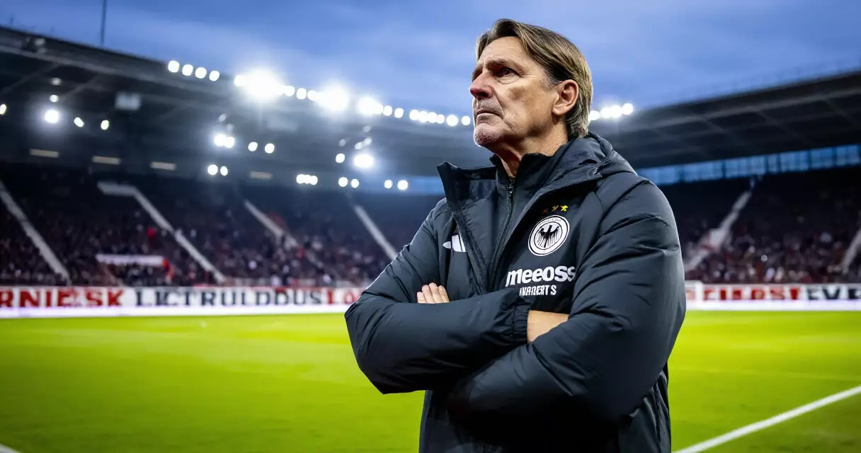 Fußballtrainer steht konzentriert am Spielfeldrand unter Flutlicht