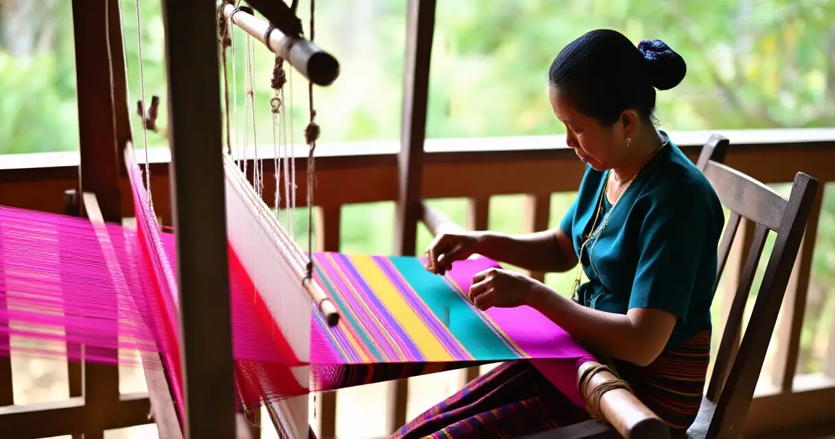 မြန်မာ ရိုးရာ ပိုးထည်ရက်လုပ်နေသော ယက်ကန်းစင်နှင့် အလုပ်သမား
