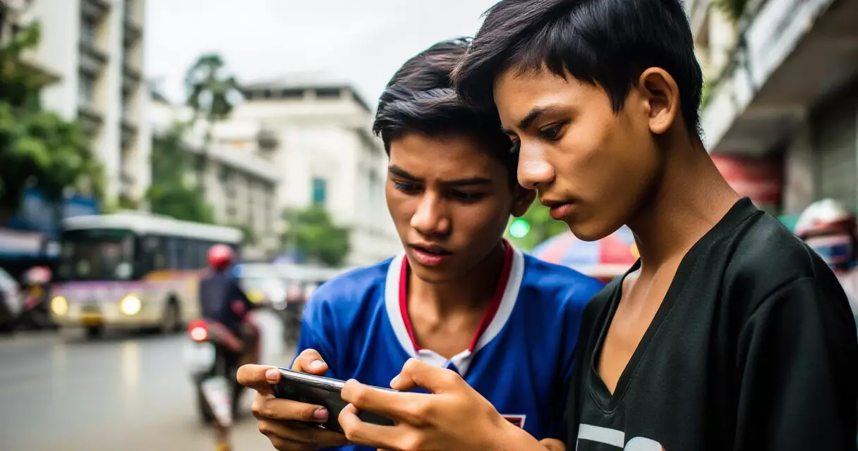 ရန်ကုန် လမ်းမတွင် Smartphone ဖြင့် Mobile Game ကစားနေသော မြန်မာ လူငယ်များ