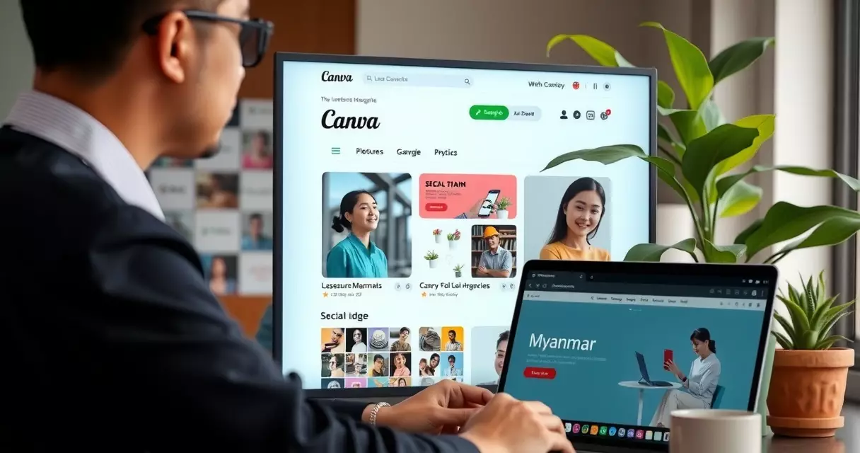 မြန်မာ Marketer တစ်ဦး Canva ဖြင့် Social Media ဒီဇိုင်း ရေးဆွဲနေသည့် မြင်ကွင်း