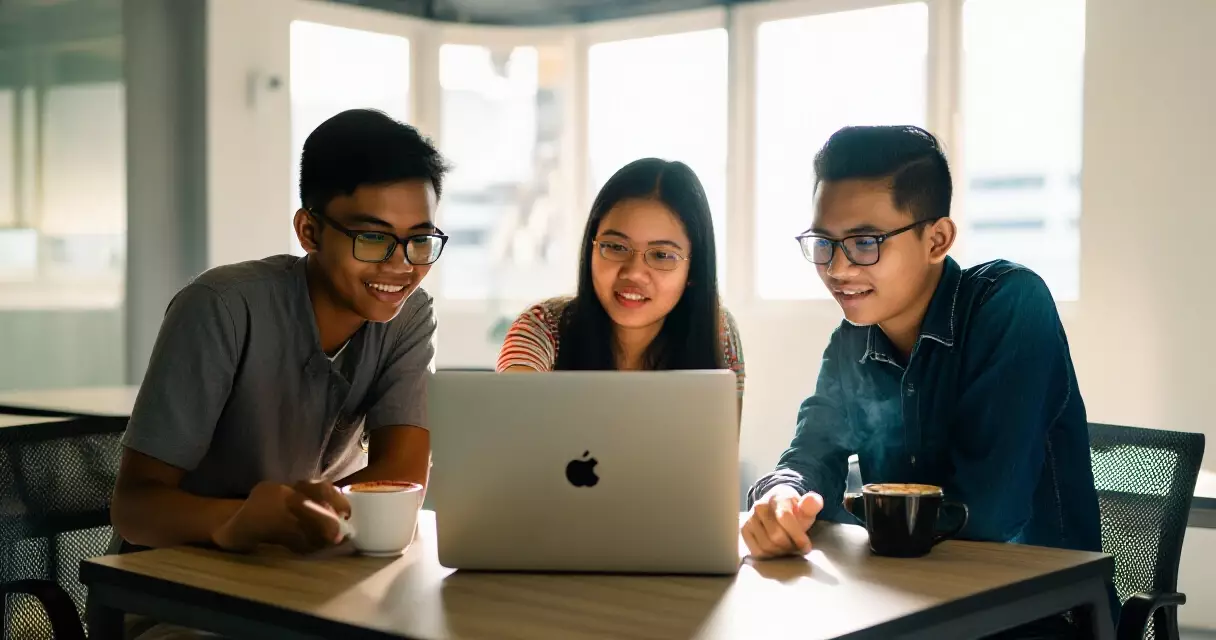 ရန်ကုန် co-working space တွင် Startup အဖွဲ့သားများ laptop ဖြင့် ဆွေးနွေးနေပုံ