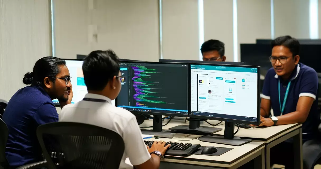 Nexlabs digital team ရန်ကုန်ရုံးတွင် software နှင့် app ဖန်တီးနေသောပုံ