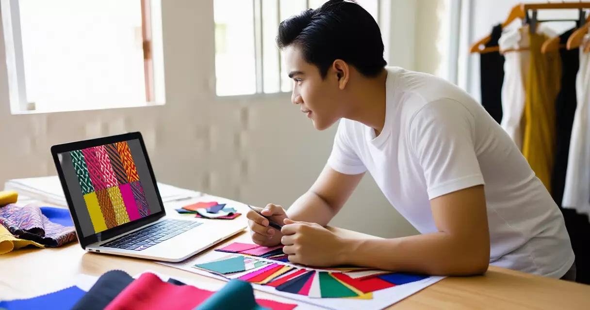 ရန်ကုန်ရှိ ဖက်ရှင်ဒီဇိုင်နာ တစ်ဦး laptop ဖြင့် textile pattern ဖန်တီးနေပုံ