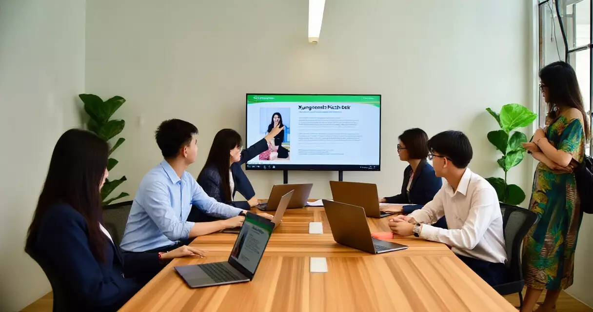 ရန်ကုန် co-working space ၌ startup founders များ pitch ပြင်ဆင်မှုတွင် ပူးပေါင်းဆောင်ရွက်နေပုံ