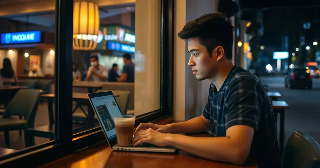 ည ကော်ဖီဆိုင်တွင် laptop ဖြင့် အလုပ်လုပ်နေသူနှင့် latte တစ်ခွက်