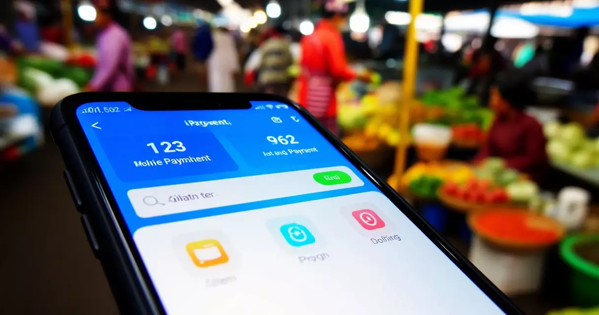 ရန်ကုန် ဈေးတန်းတွင် မိုဘိုင်းငွေပေးချေမှု app သုံးနေသော ဖုန်းတစ်လုံး