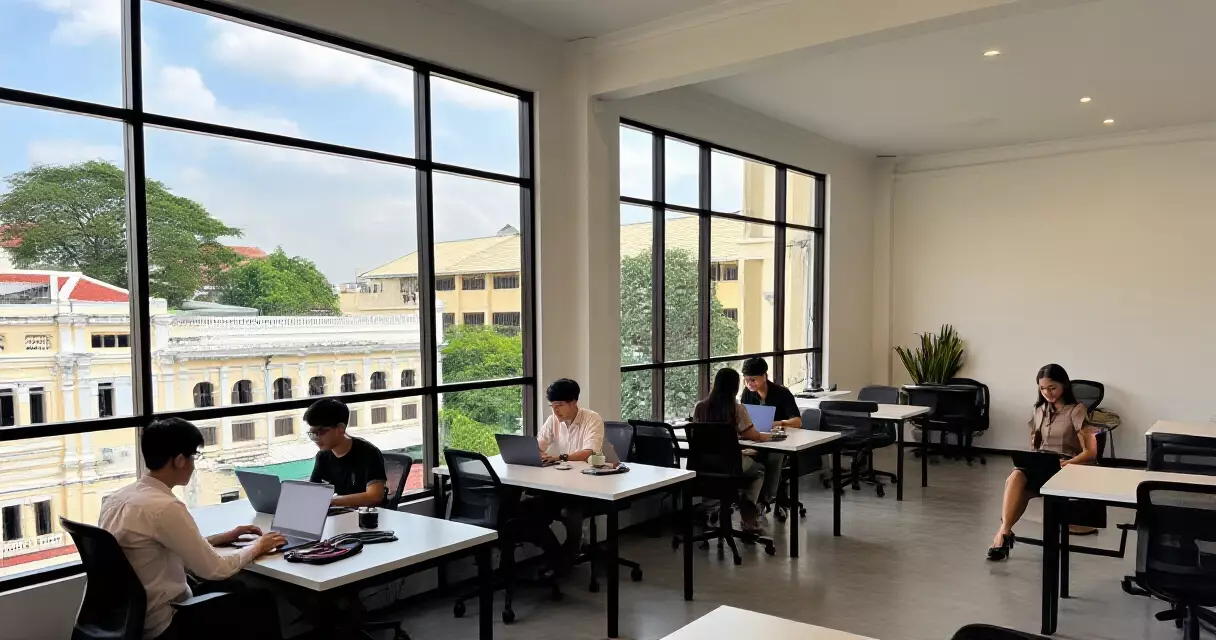 ရန်ကုန်မြို့လယ်ရှိ co-working space အတွင်း startup လုပ်သားများ အလုပ်လုပ်နေပုံ