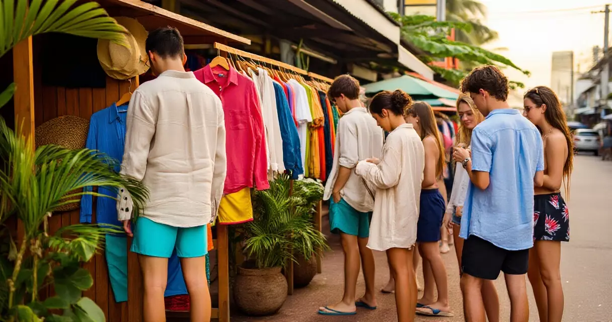 ရန်ကုန်မြို့ ဖက်ရှင်ဈေးကွက်တွင် wave wear အဝတ်အထည်များ ကြည့်ရှုနေသော လူငယ်များ