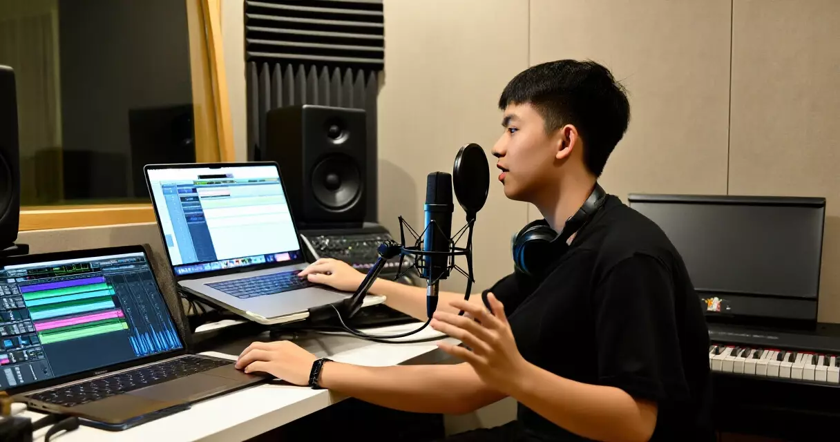 မြန်မာ လူငယ် ဂီတသည် ခေတ်သစ် Home Studio တွင် သီချင်းသွင်းနေသည်