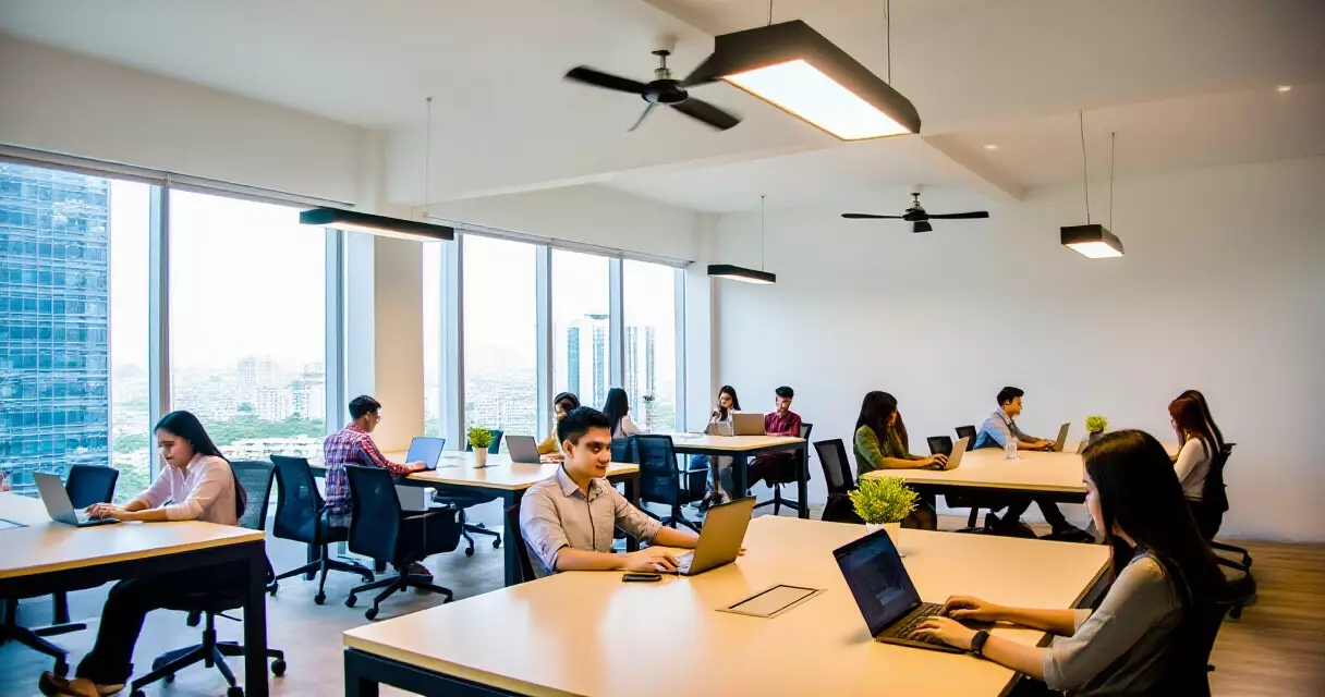 ရန်ကုန်မှ ခေတ်မီ co-working space အတွင်း startup အဖွဲ့ဝင်များ အလုပ်လုပ်နေပုံ