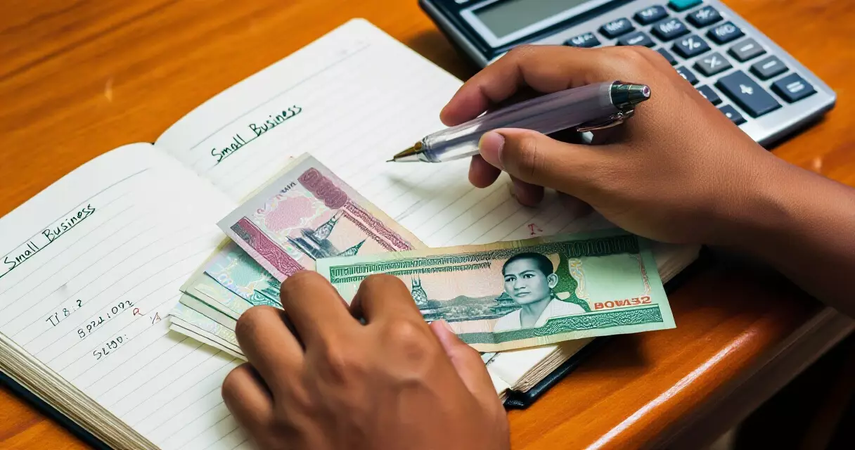 startup ဘတ်ဂျက် တွက်ချက်နေသူ၏ စားပွဲပေါ်တွင် မြန်မာကျပ်ငွေနှင့် ဂဏန်းတွက်စက်