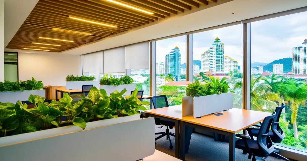 ရန်ကုန်မြို့ရှိ co-working နေရာ၏ ပွင့်လင်းသော အလုပ်ခုံ အပြင်အဆင်