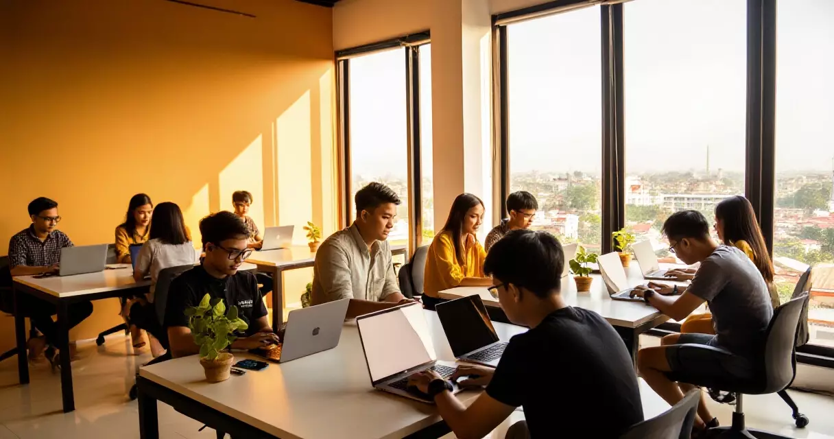 ရန်ကုန်မြို့လယ်ရှိ co-working space တွင် startup လုပ်ငန်းရှင်ငယ်များ laptop ဖြင့် အလုပ်လုပ်နေပုံ